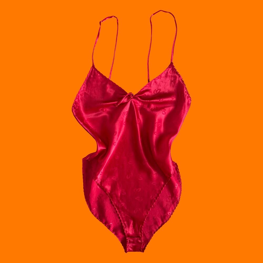 80's 90's vintage cherry red satin romantic boudoir lingerie teddy Size Petite